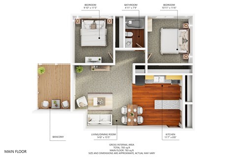 A floor plan of a house with a living room, two bedrooms, a kitchen, and a bathroom.