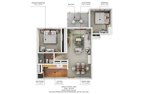 A diagram shows the layout of a small apartment with a bathroom, kitchen, living room, dining area, and two bedrooms.