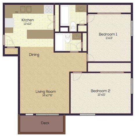 A floor plan of a house with a kitchen, dining area, two bedrooms, a living room, and a deck.