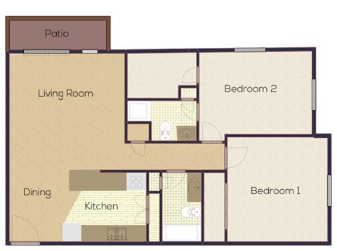 A floor plan of a house with a living room, dining room, kitchen, and two bedrooms.