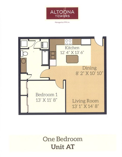 A floor plan for a one bedroom unit at Altoona Towers.