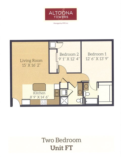 A floor plan of a two bedroom unit at Altoona Towers.