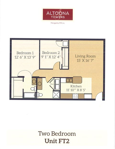 A floor plan for a two bedroom unit with dimensions for each room.