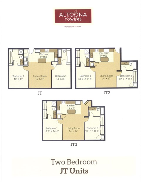 Two bedroom apartment floor plans from Altoona Towers.