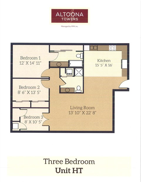 A floor plan for a three bedroom unit at Altoona Towers.