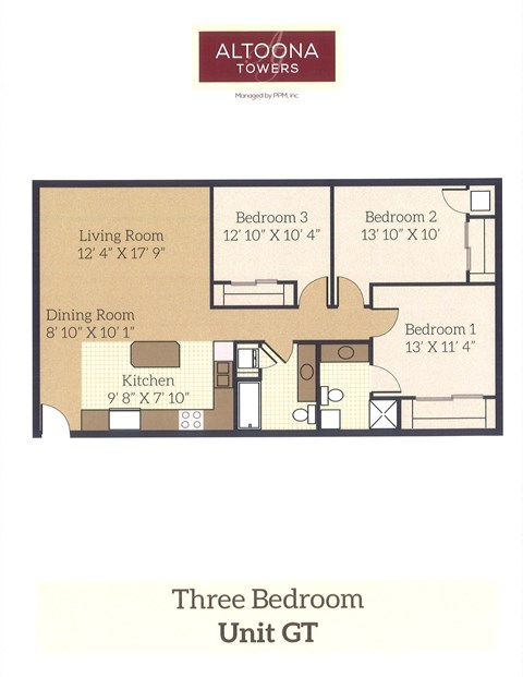 A floor plan for a three bedroom unit with dimensions for each room.