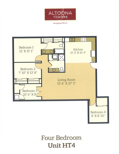 A floor plan for a four bedroom unit by Altoona Towers.