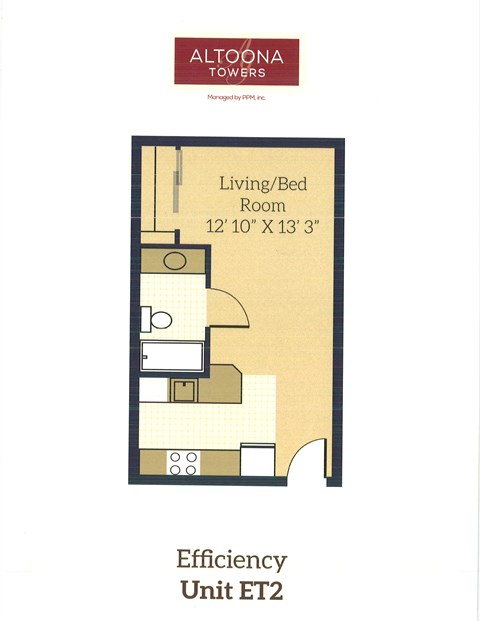A floor plan for a living/bedroom area of a unit called Efficiency Unit ET2.