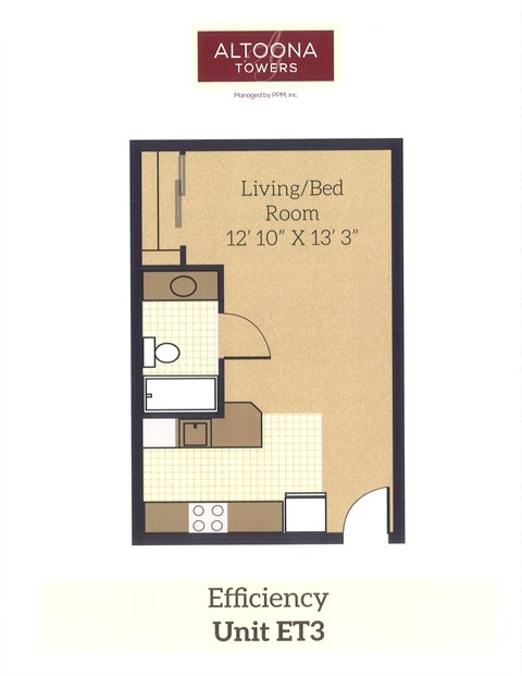 A floor plan for an efficiency unit at Altoona Towers.