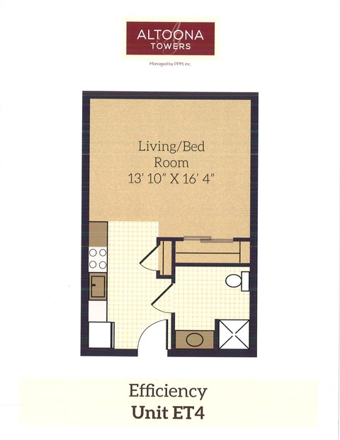 A floor plan for an efficiency unit at Altoona Towers.