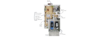 A floor plan of a house with a kitchen, living room, and two bedrooms.