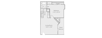 A black and white image of a floor plan for a small apartment.