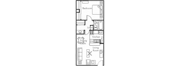 A floor plan of a house with a bedroom, living room, kitchen, dining room, and pantry.