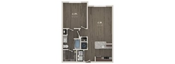 A floor plan of a small apartment with a bedroom, bathroom, and kitchen.