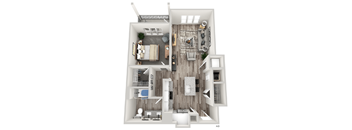A 3D floor plan of a house with a living room, kitchen, and bathroom.