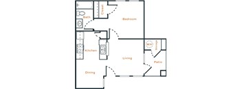 A floor plan of a home with a kitchen, dining area, bedroom, and patio.