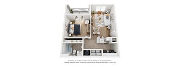 A top-down view of a small apartment with a kitchen, living room, and bathroom.