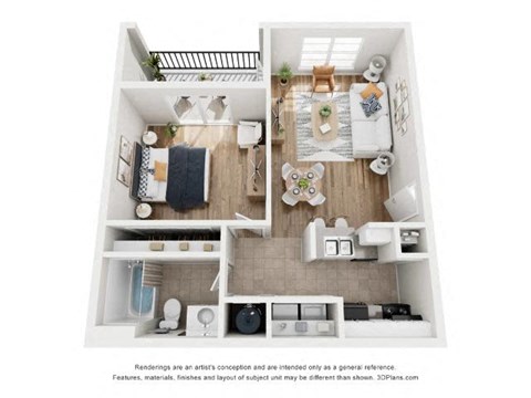 A top-down view of a small apartment with a kitchen, living room, and bathroom.