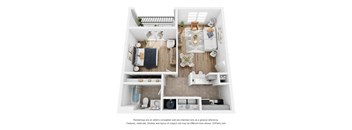 A top-down view of a small apartment with a kitchen, living room, and bathroom.