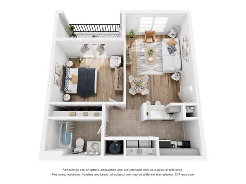 A top-down view of a small apartment with a kitchen, living room, and bathroom.