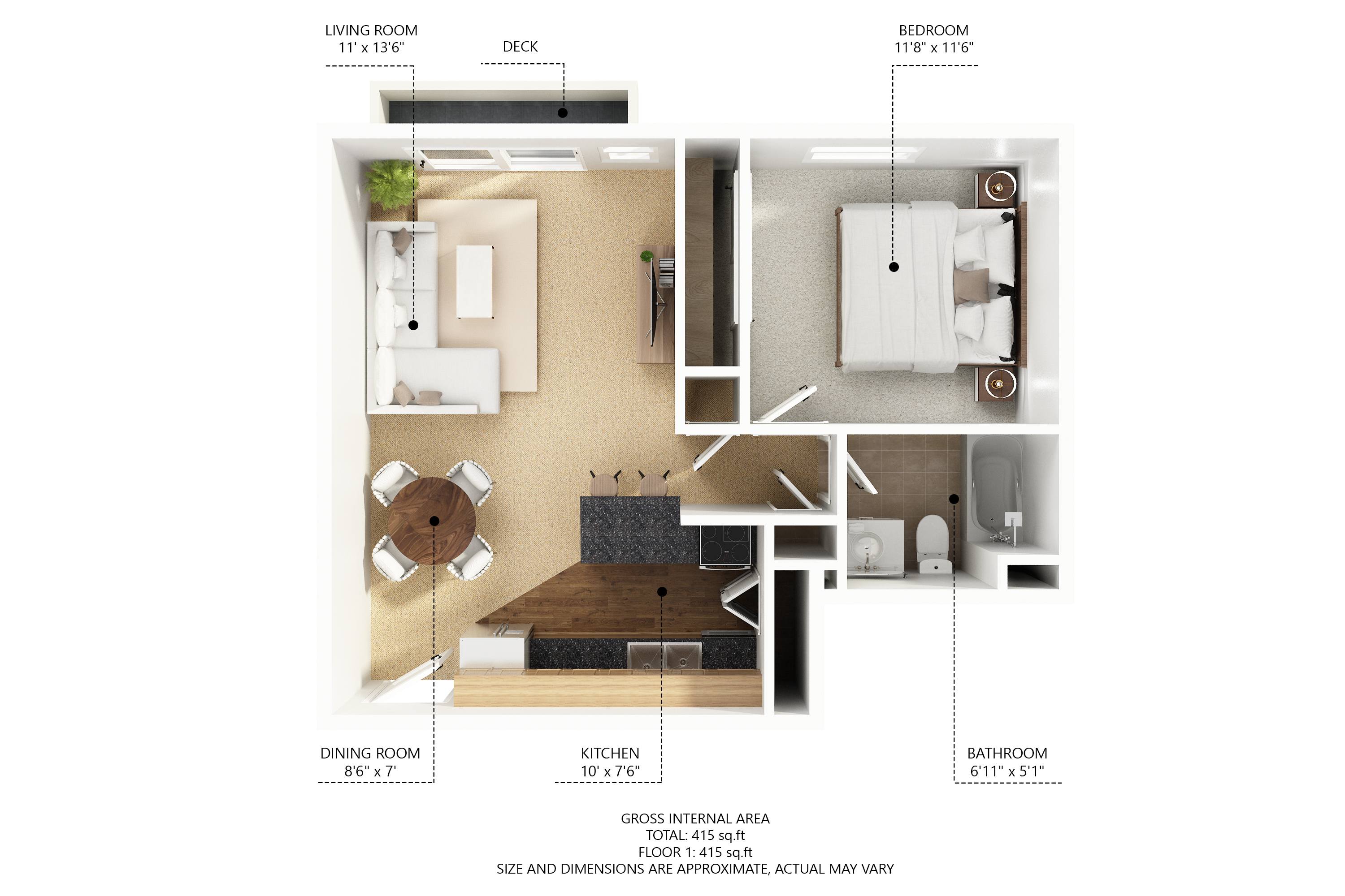 A diagram shows the layout of an apartment with a living room, dining room, kitchen, bathroom, and bedroom.