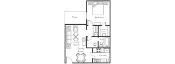 A floor plan of a house with a patio, living room, dining room, kitchen, pantry, and two bedrooms.