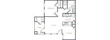 A floor plan of a home with a bedroom, living room, kitchen, dining room, and bathroom.