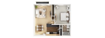 A top-down view of a small apartment with a living room, kitchen, and bathroom.