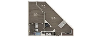 A floor plan of a house with a kitchen, living room, and bathroom.