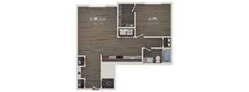 A floor plan of a house with a living room, kitchen, and bathroom.