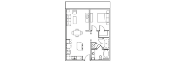 A floor plan of a house with a kitchen, living room, and bathroom.