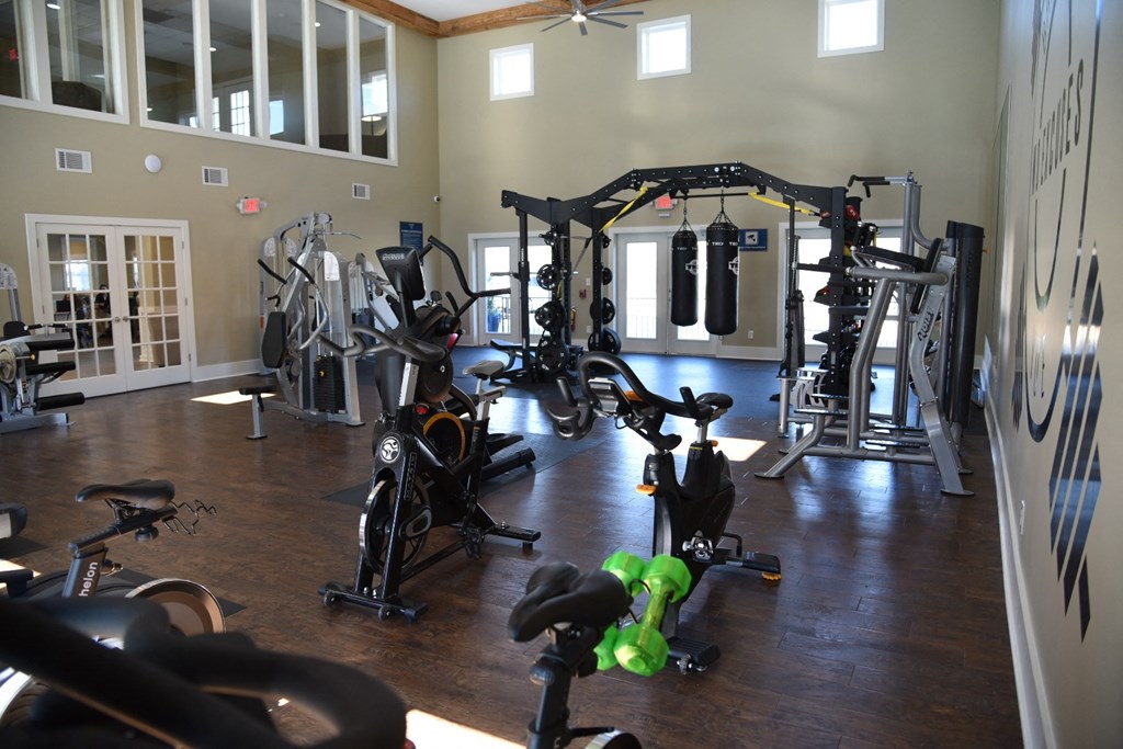 a home gym with weights and cardio equipment at Breckinridge Vue, Duluth, GA, 30096