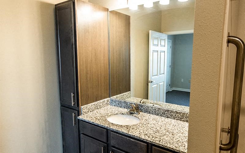 a bathroom with a sink and a mirror