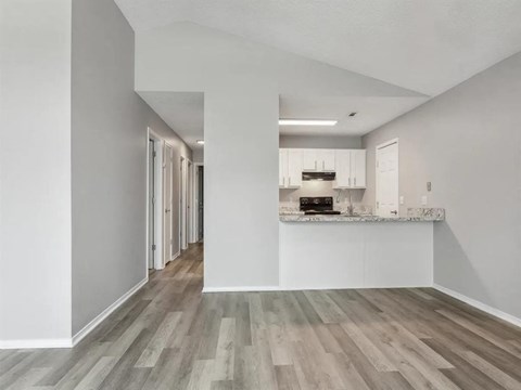 A kitchen with a white counter and wooden floors.
