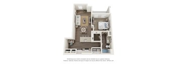 A 3D floor plan of a small apartment with a kitchen, living room, and bedroom.