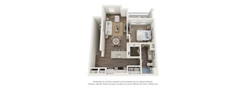 A 3D floor plan of a small apartment with a kitchen, living room, and bedroom.