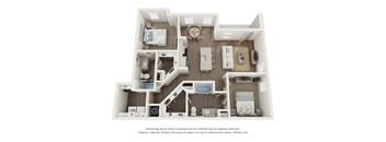 A 3D floor plan of a house with a kitchen, living room, and bedrooms.