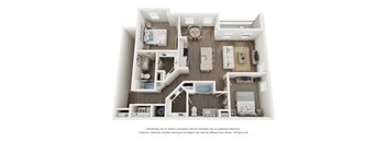 A 3D floor plan of a house with a kitchen, living room, and bedrooms.