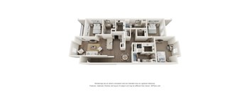 A 3D floor plan of a house with a kitchen, living room, and bedrooms.