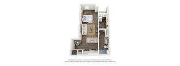 A 3D floor plan of a small apartment with a bedroom, living room, and kitchen.