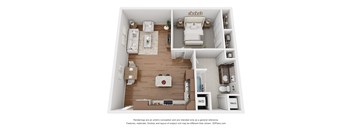 A 3D floor plan of a small apartment with a living room, kitchen, and bedroom.