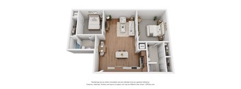 A 3D floor plan of a small apartment with a kitchen, living room, and bedroom.