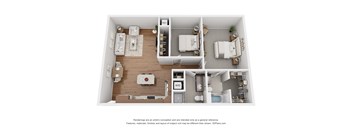 A 3D floor plan of a house with labeled rooms.