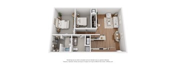 A 3D floor plan of a small apartment with a kitchen, living room, and bathroom.