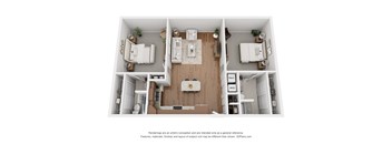 A 3D floor plan of a house with a kitchen, living room, and two bedrooms.