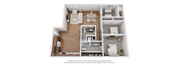A 3D floor plan of a house with a kitchen, living room, and bathroom.