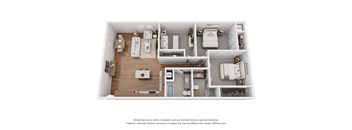 A 3D floor plan of a house with a kitchen, living room, and bathrooms.