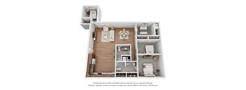 A 3D floor plan of a house with a kitchen, living room, and bathroom.