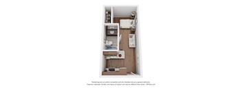 A 3D image of a small apartment with a kitchen, living room, and bedroom.