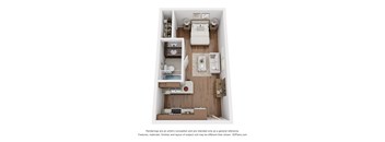 A 3D floor plan of a small apartment with a kitchen, living room, and bathroom.